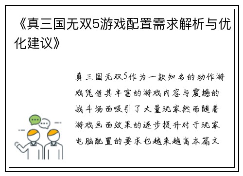 《真三国无双5游戏配置需求解析与优化建议》