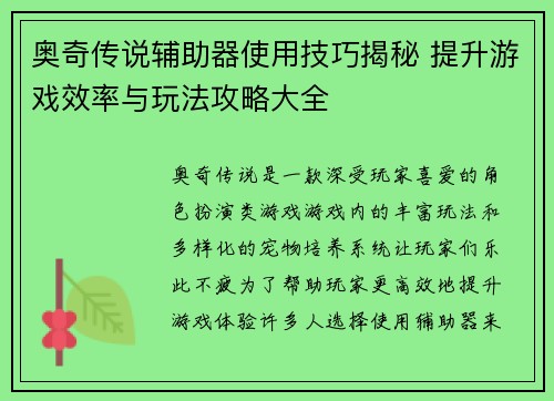 奥奇传说辅助器使用技巧揭秘 提升游戏效率与玩法攻略大全