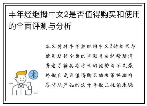 丰年经继拇中文2是否值得购买和使用的全面评测与分析